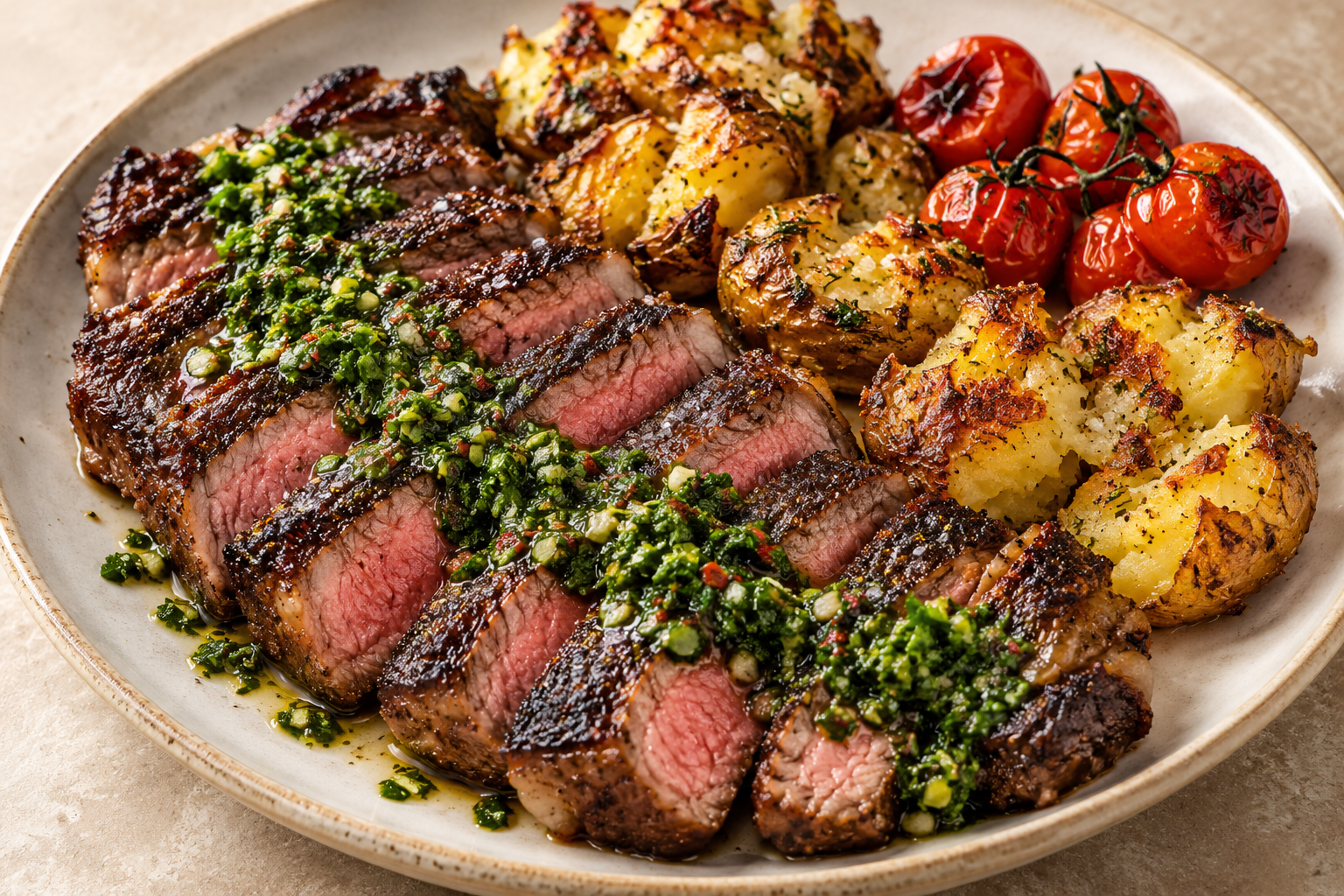 Chimichurri steak with crispy potatoes and charred tomatoes