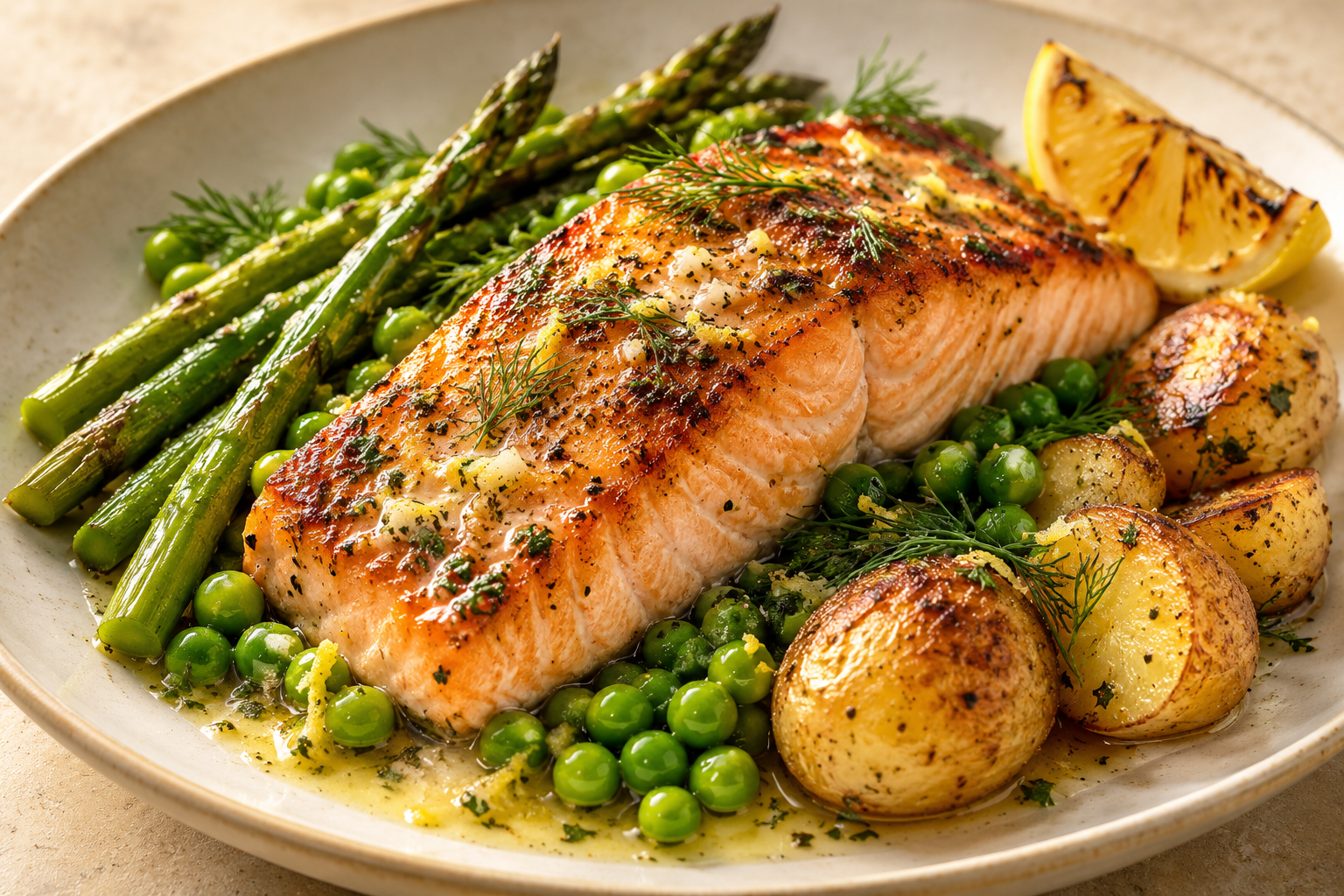 Golden seared salmon with lemon butter, asparagus, spring peas and crispy potatoes
