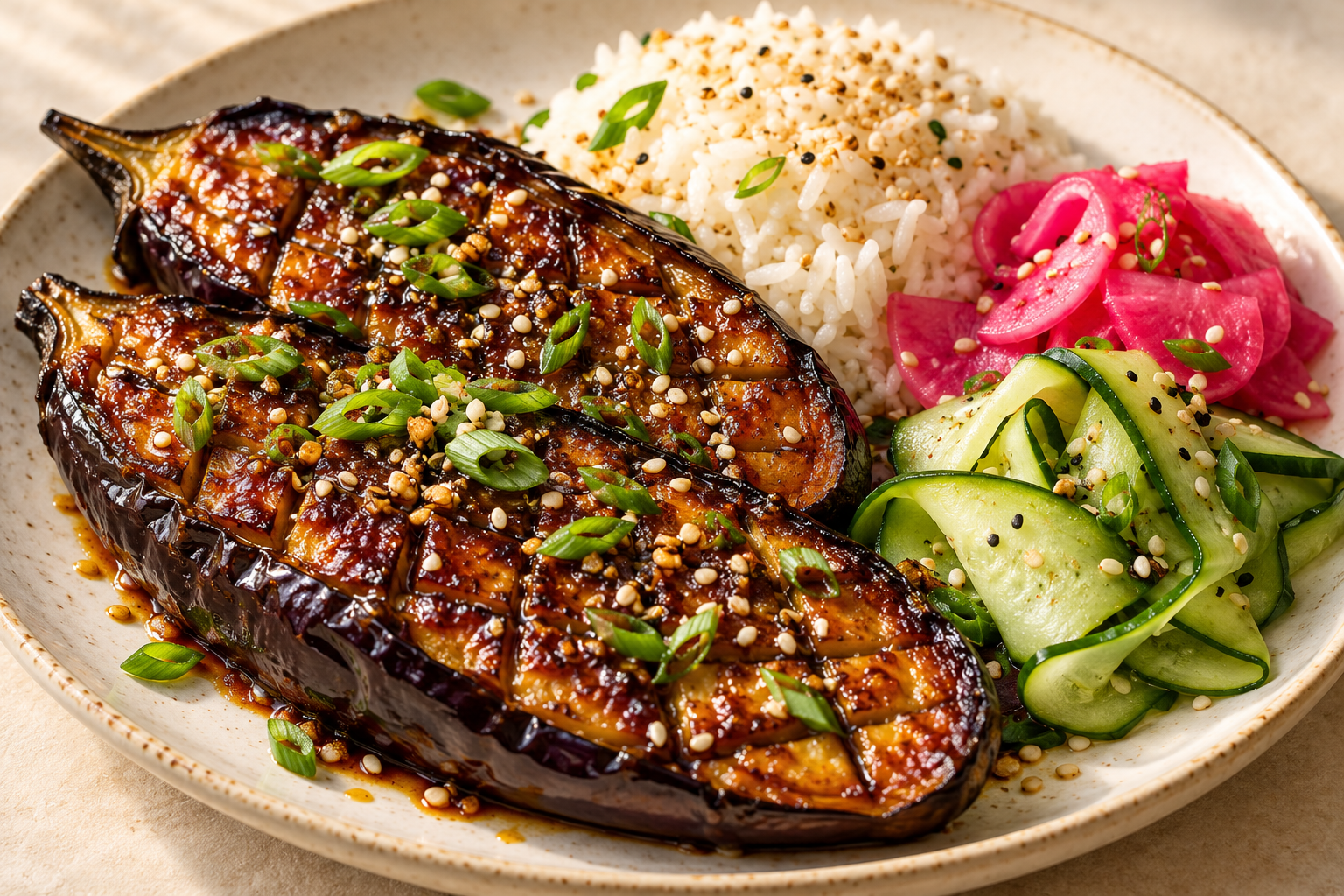 Miso-glazed eggplant with sesame rice and pickled vegetables